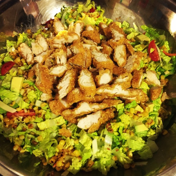 bbq ranch big salad with fried chicken