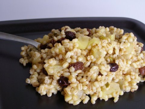 Toasted barley with apples and raisins on a plate

