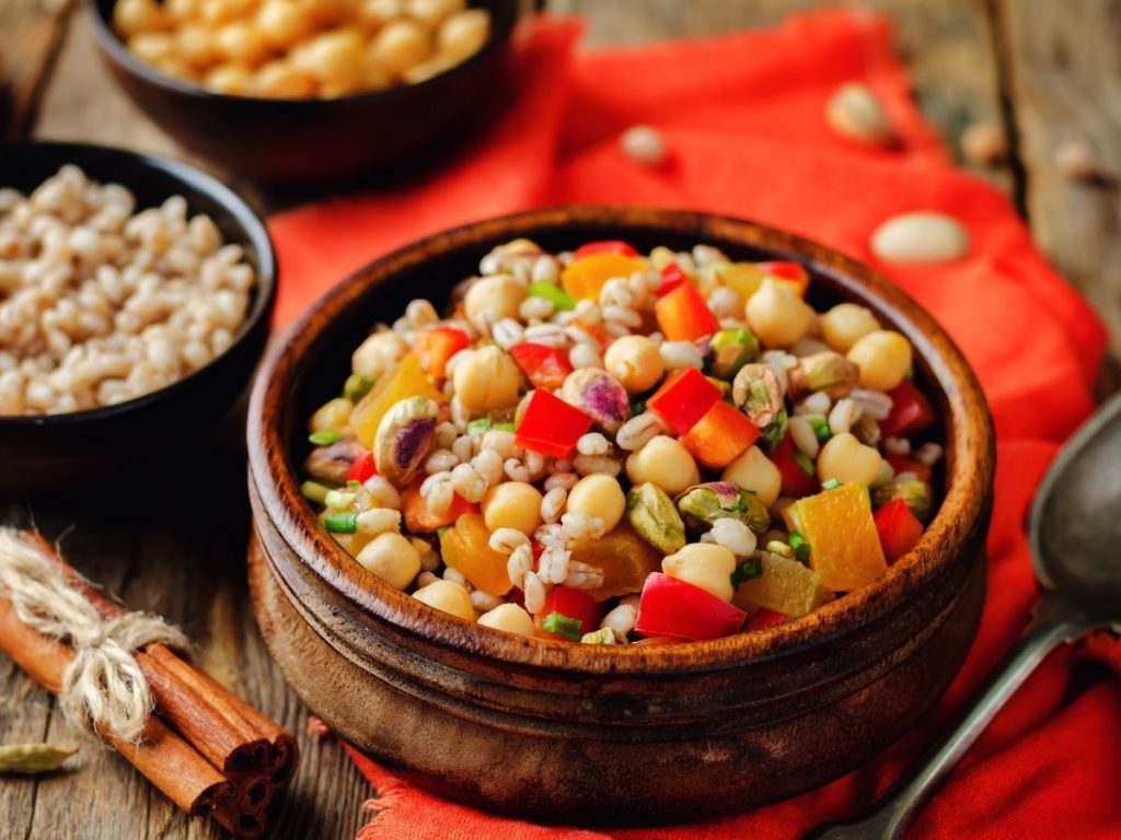 cooked barley salad in a bowl