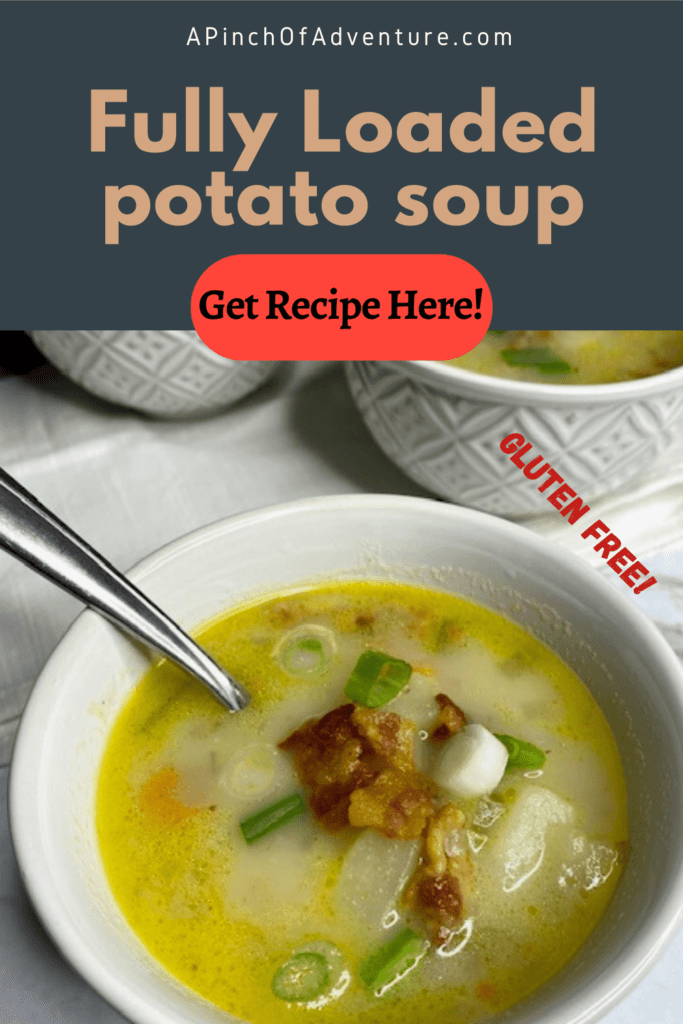 This loaded baked potato soup recipe is the BEST potato soup recipe out there! This easy potato soup is creamy and delicious and topped with bacon and all the toppings for baked potatoes. This stove top potato soup is similar to Pioneer Woman's perfect potato soup however it is gluten free and loaded with more bacon. It is the perfect blend of creamy and chunky potatoes and cheesy goodness and is the perfect hot soup for a cold night!