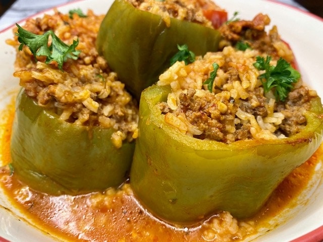 Lebanese Style Stuffed peppers with ground beef and rice
